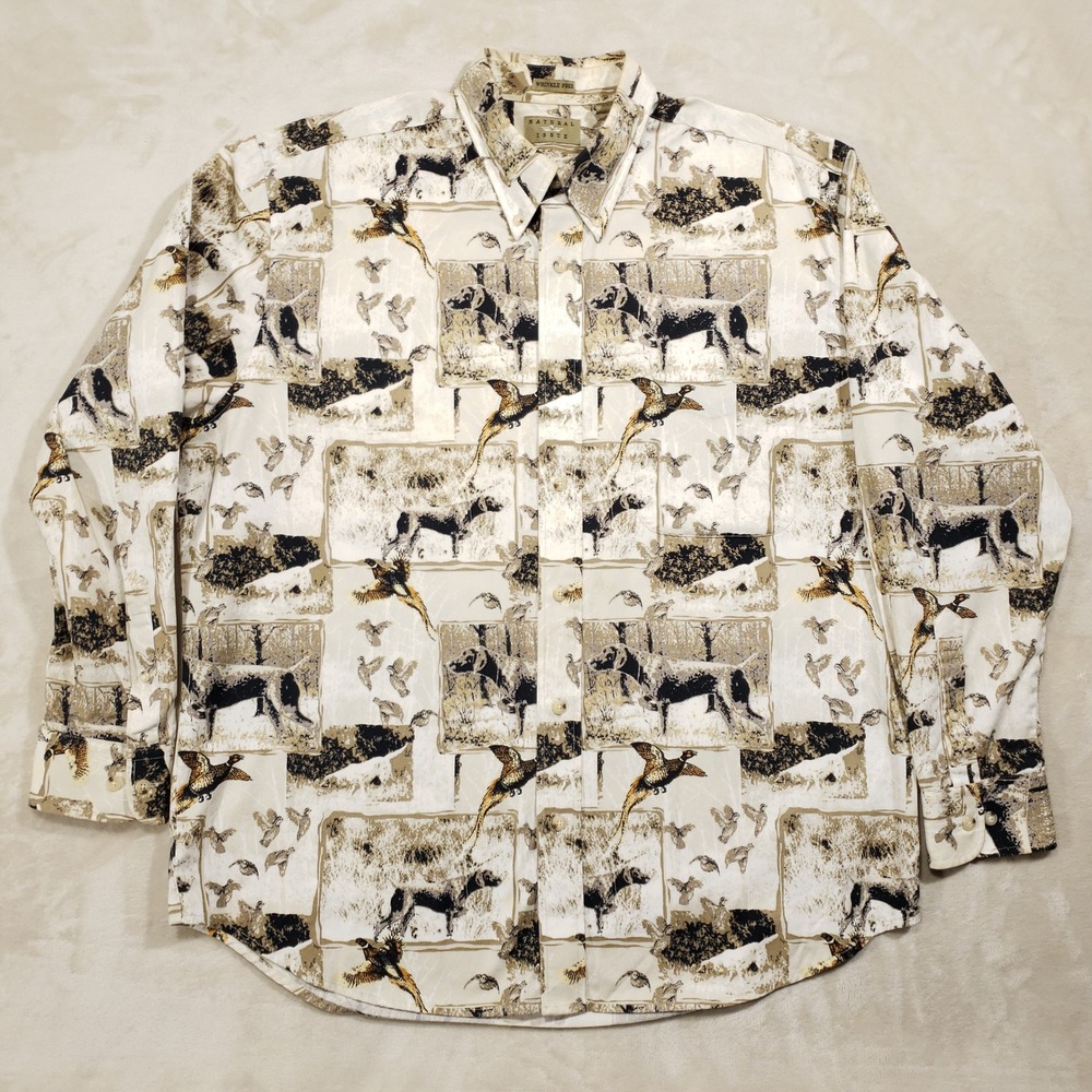 Natural Issue Button Down Shirt Mens‎ Large Cream Hunting Dog Pheasant Print L/S